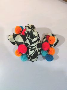 Black &amp; White Scarf With Pom Poms