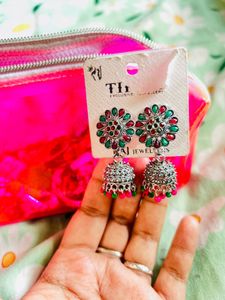 Green &amp; Pink Oxidised Jhumkas