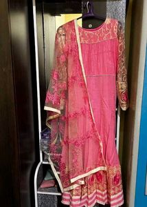 Pink Anarkali Kurta &amp; Embroidered Net Bupatta