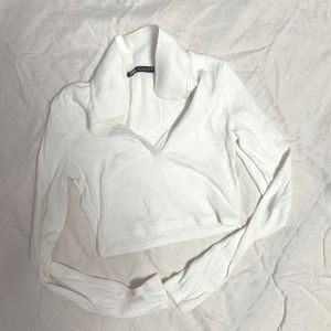 Zara White Ribbed Polo Crop Top