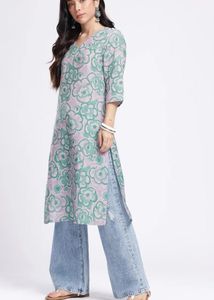 floral printed v neck green kurta