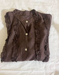 Brown Ruffled Button-Down Blouse