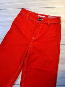 ZARA Red High-Waist Straight Pants 100% Cotton