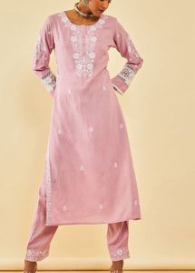 Pink &amp; White Floral Embroidered Kurta Trousers
