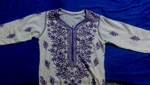 Embroidered White Purple Cotton Kurti