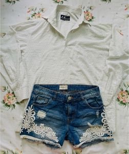H&m Inspired Lace Denim Shorts And White Shirt