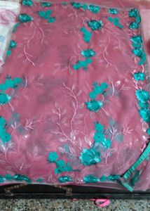 Net Saree Embroidered With Blouse Nd Peticot