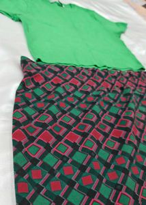 Green Top and Patterned Mini Skirt