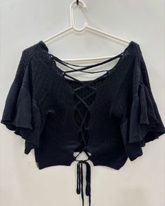 Black Knit Crochet Top with Criss Cross Tie Back