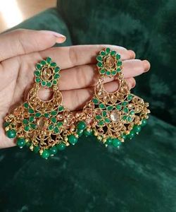 Traditional Green Kundan Chandbali Earrings