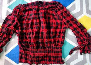 Red & Black Plaid Off-Shoulder Top