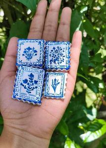 Handmade Clay Blue Stamp Fridge Magnets Set