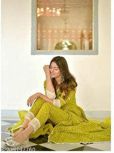 Lime Green Cotton Anarkali Front Open Suit Set