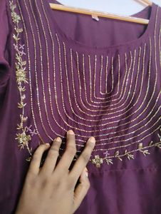 Wine Colour Kurtha With Gold Beads Hand embroidere