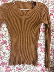 Brown Ribbed Long Sleeve Top