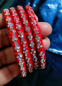 Red &amp; Silver Crystal Bangles (Set of 4)