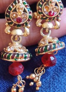 Indian Traditional Gold And Red Jhumka