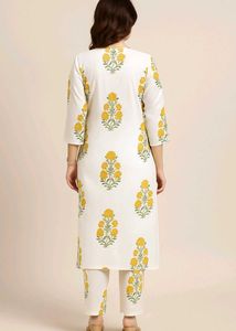 White and Yellow Cotton Kurta Pajama with Dupatta