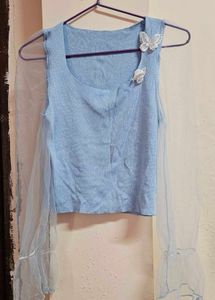 Cute Blue Korean Top With Lace Sleeves