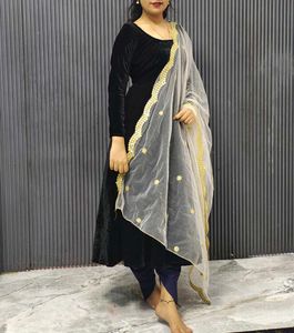 Self Stiched Velvet Umbrella Frock With Dupatta