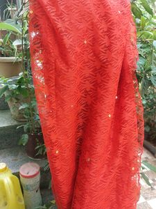 Red Net Saree Without Blouse Just Used Once