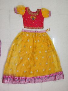 Pink &amp; Yellow Embroidered Top With Skirt