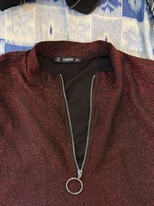 red shimmery top with zip detail from shein