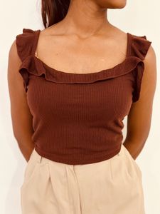 Brown Sleeveless Ribbed Croptop.