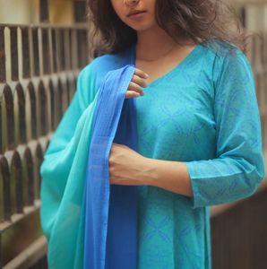 Sky blue and green aline kurti with dupatta