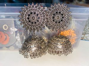 Silver Tone Boho Jhumka Earrings