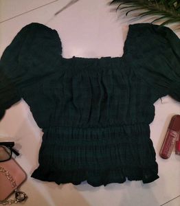 Dark Green Plaid Puff Sleeve Top