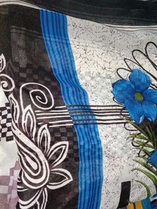 Beautiful Painted Saree With Blue Flower