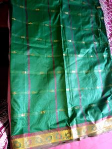 Green Silk Saree with Gold Border