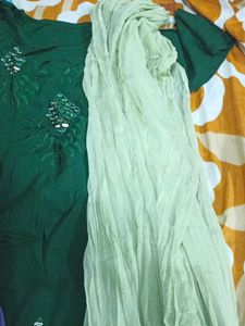 Elegant Dark Green Kurti Set ( Bottom &amp; Dupatta)