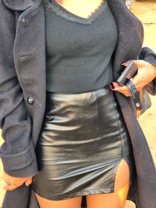 Chic Black Leather Skirt With Slit