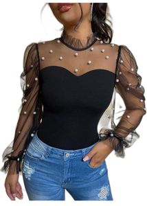 SHEIN PETITE Pearls Beaded Mesh Yoke Mock Neck Top