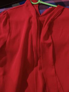 Red Tie-Neck Blouse