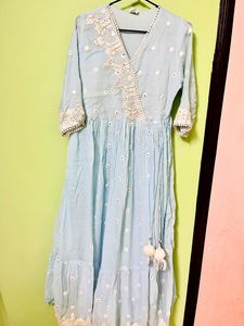Blue Anarkali with mirror work