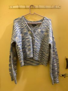 H&amp;M Fuzzy Gray Cropped Jacket + blue cardigan