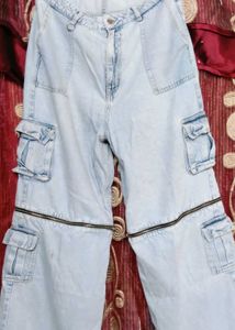 Zip Detail Wide Leg Cargo Jeans