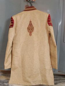 Elegant Beige Sherwani with Red Embroidery