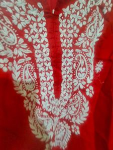 Red Cotton Chikan Kurti