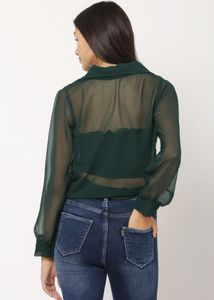 Green Sheer Tie-Front Blouse