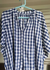 Blue Gingham V-Neck Blouse