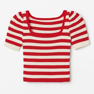 Retro Red &amp; Cream Striped Knit Square-Neck Top