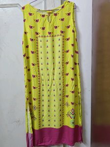 Bright Yellow Sleeveless Kurta | Abstract Print |