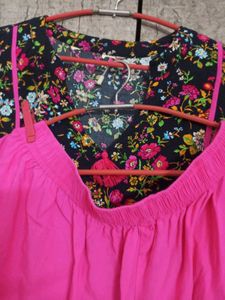 Floral Print Pink&amp;Black Kurta Set