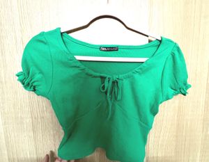 Zara Green Ribbed Tie-Front Top