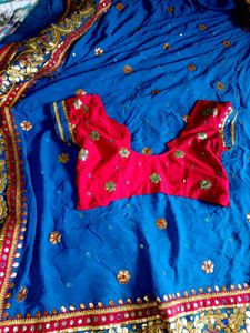 Blue &amp; Red Embroidered Sari with Blouse