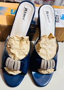 Blue Party wear block Heels With Diamonds